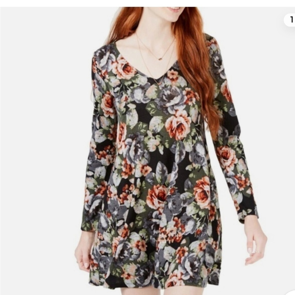 BCX Floral Print V-Neck Lace Back Mini Dress Small